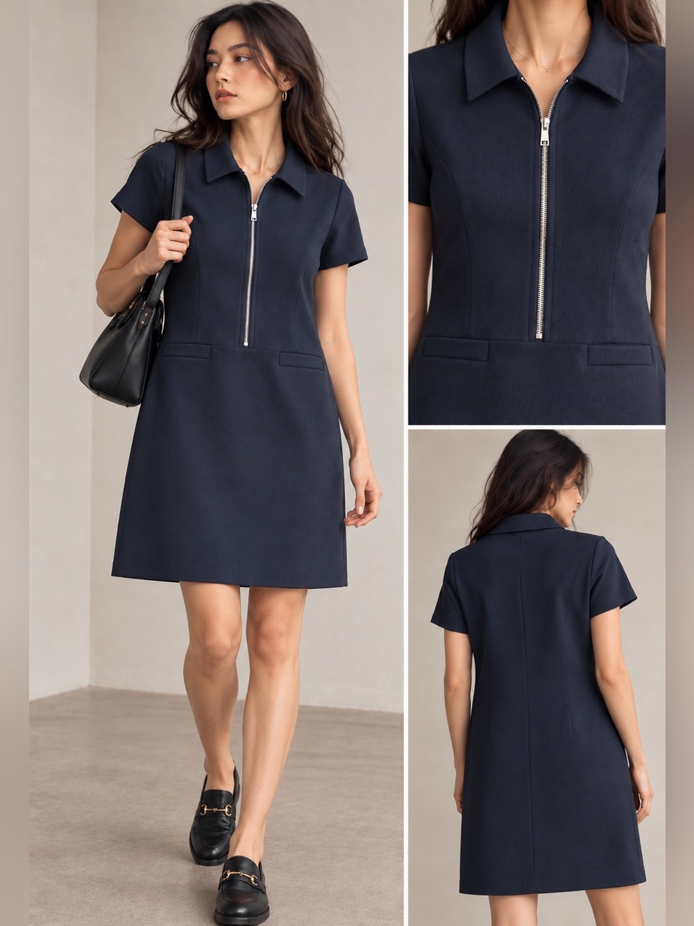 Tommy Hilfiger Navy Zip Front A-Line Dress Size 16 Collared Work Dress